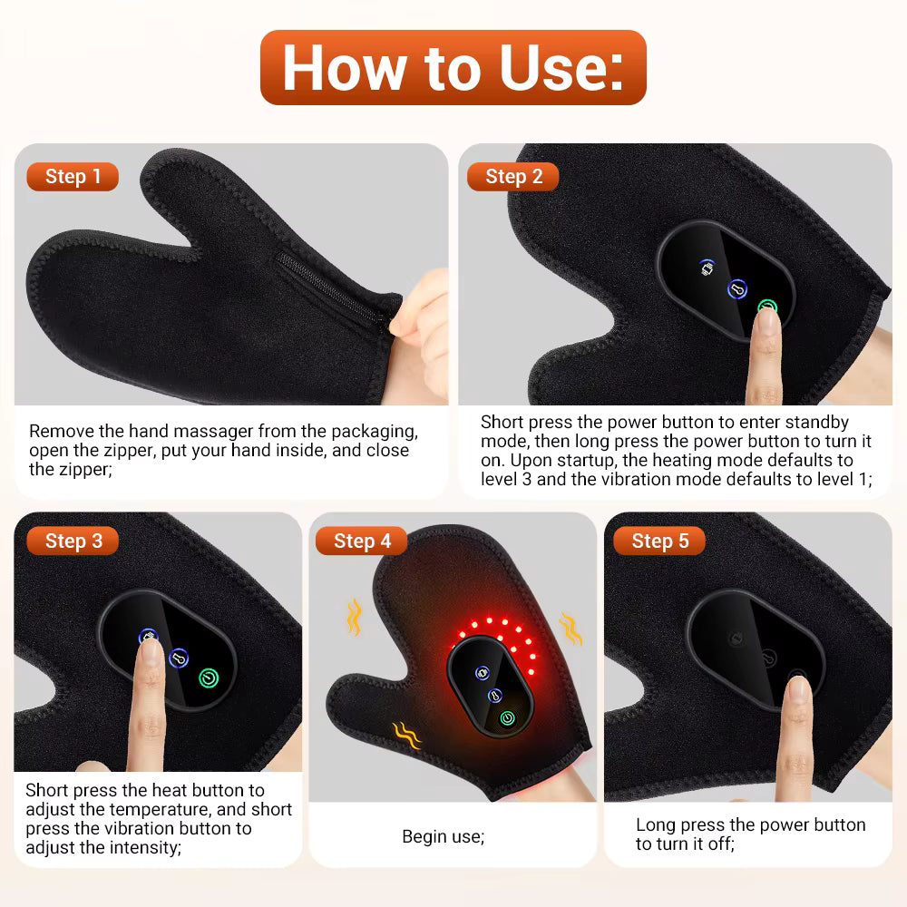 Cordless Heated & Vibrating Massager Glove with Red Light Therapy & Touch Screen