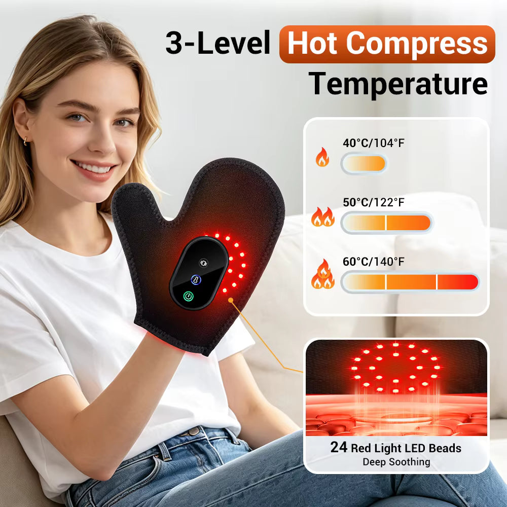 Cordless Heated & Vibrating Massager Glove with Red Light Therapy & Touch Screen