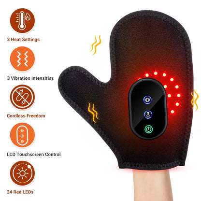 Cordless Heated & Vibrating Massager Glove with Red Light Therapy & Touch Screen