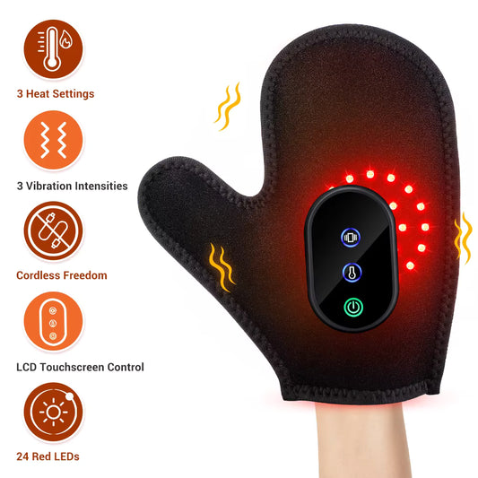 Cordless Heated & Vibrating Massager Glove with Red Light Therapy & Touch Screen